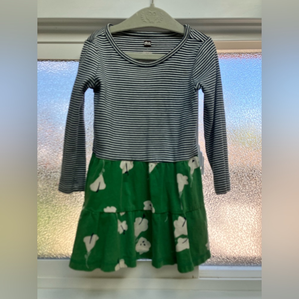 Tea Collection Girls' Green Floral Tiered Dress with Navy Stripe Top 2T